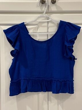 NWT Cobalt Blue Gauze Sleeveless Ruffled Top - Size S